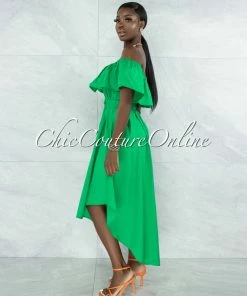 Vendor-unknown JUST IN Bodil Kelly Green Ruffle Neckline Belt Hi-Lo Dress