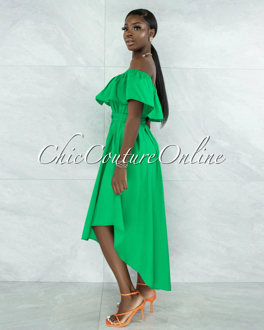 Vendor-unknown JUST IN Bodil Kelly Green Ruffle Neckline Belt Hi-Lo Dress
