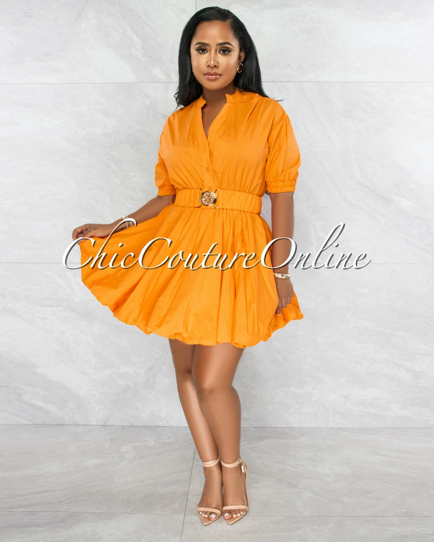 Vendor-unknown Breanna Orange Gold Buckle Bubble Dress JUST IN