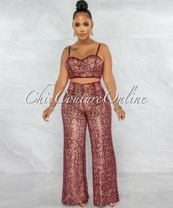 Vendor-unknown Tanith Burgundy Sequins Nude Illusion Fishnet Top & Set