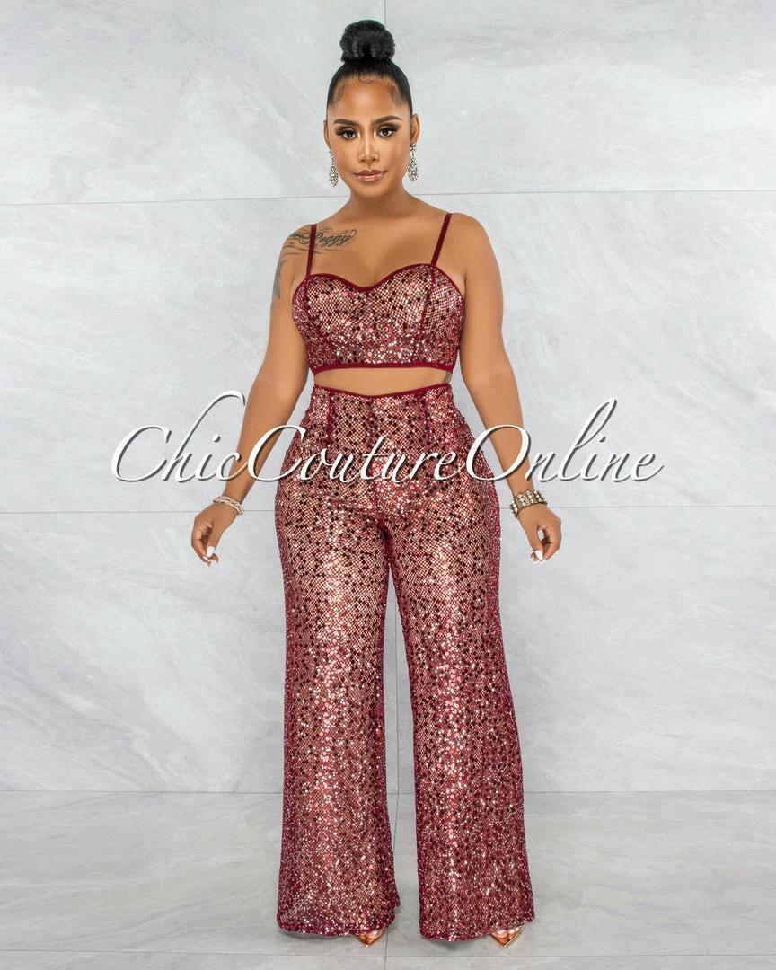 Vendor-unknown Tanith Burgundy Sequins Nude Illusion Fishnet Top & Set