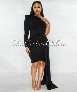 Vendor-unknown Cameo Black Single Sleeve Long Strap Accent Dress