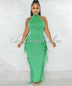 Chic Couture Online Rommey Green Crop Top & Tassels Pencil Maxi Skirt Set