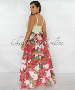 Chic Couture Online JUST IN Davina Fuchsia Green Multi-Color Print Ruffled Tiered Maxi Bodysuit Skirt