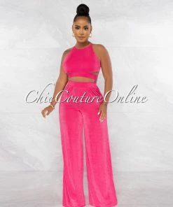 Chic Couture Online Ramona Fuchsia Multi-Way Tie Crop Top & Wide Pants Set JUST IN