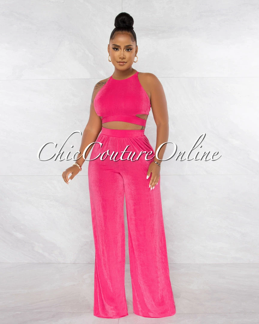 Chic Couture Online Ramona Fuchsia Multi-Way Tie Crop Top & Wide Pants Set JUST IN