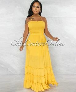Vendor-unknown Neziah Mustard Smocked Top Strappy Back Maxi Dress JUST IN