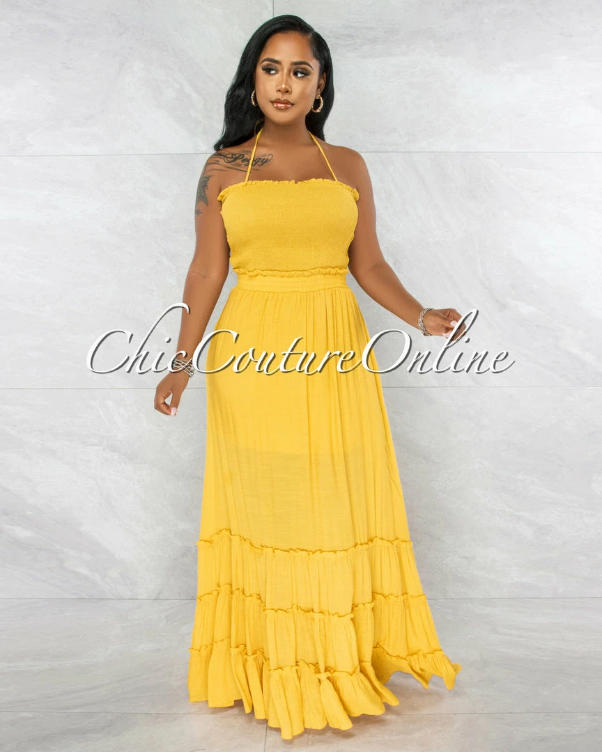 Vendor-unknown Neziah Mustard Smocked Top Strappy Back Maxi Dress JUST IN