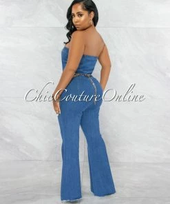 Vendor-unknown Jathan Medium Denim Gold Link Bell Legs Jumpsuit JUST IN