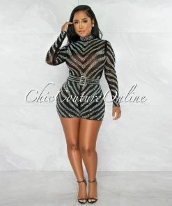 Chic Couture Online JUST IN Megha Black Iridescent Rhinestones Square Buckle Belt Romper