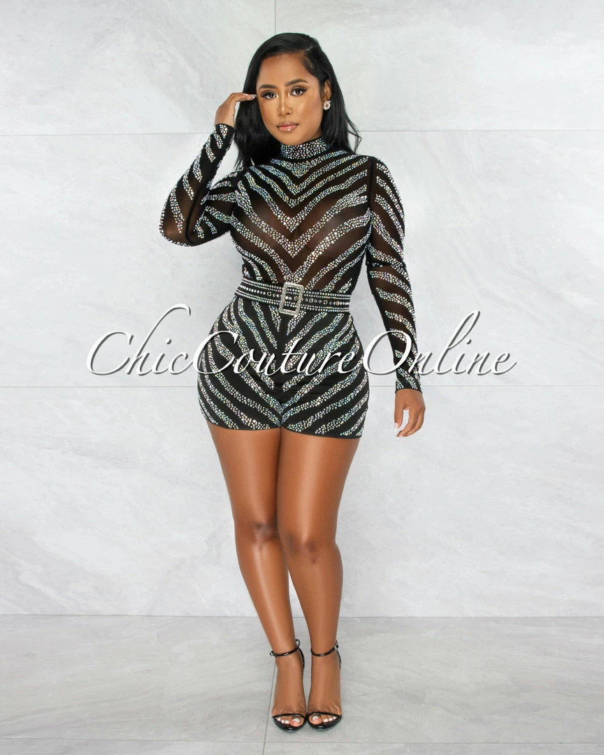 Chic Couture Online JUST IN Megha Black Iridescent Rhinestones Square Buckle Belt Romper