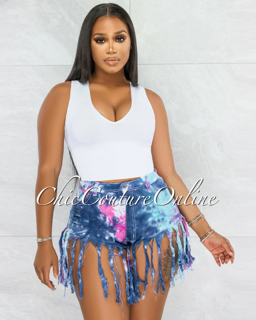 Vendor-unknown Dolly Blue Tie-Dye Distressed Fringe Denim Shorts