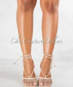 Vendor-unknown Loretta Nude Lace Up Mesh Square Toe Heels JUST IN