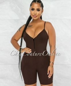 Vendor-unknown Jerram Brown Ribbed Front Zipper Romper JUST IN