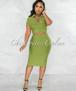 Vendor-unknown JUST IN Yaletha Olive Green Buttons Top & Midi Skirt Bandage Set