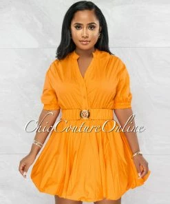 Vendor-unknown Breanna Orange Gold Buckle Bubble Dress JUST IN