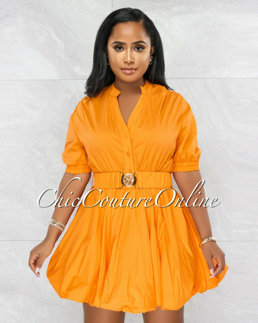 Vendor-unknown Breanna Orange Gold Buckle Bubble Dress JUST IN