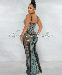 Vendor-unknown Mariatu Black Mesh Rhinestones Maxi Dress