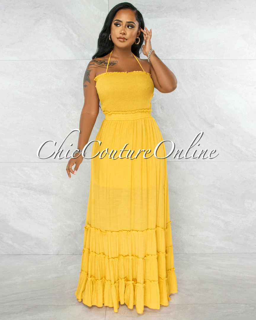 Vendor-unknown Neziah Mustard Smocked Top Strappy Back Maxi Dress JUST IN