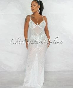 Chic Couture Online Narmada White Mesh Sheer Rhinestones Maxi Dress