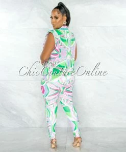 Chic Couture Online Jaden Green Pink Print Silky Blouse & Leggings Set JUST IN