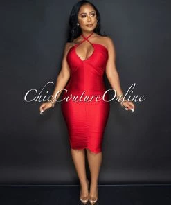 Vendor-unknown Samala Red Ruched Bodice Midi Halter Dress JUST IN