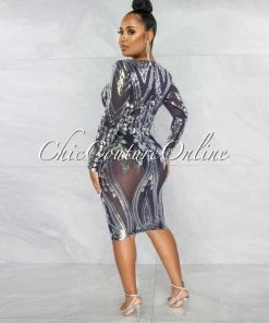 Vendor-unknown JUST IN Jimee Navy Blue Silver Sequins Drape Midi Dress