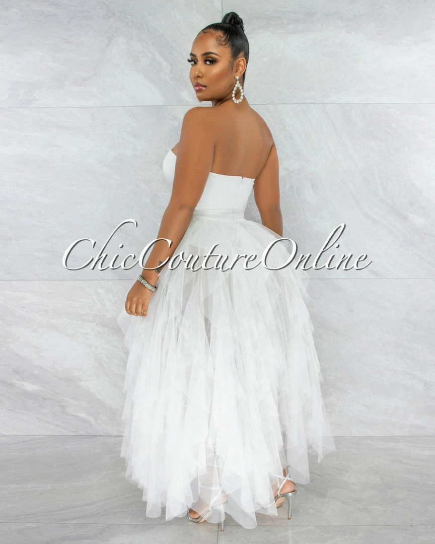 Vendor-unknown Odalys Off-White Strapless Tulle Ruffle Bodysuit Dress JUST IN