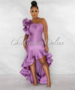 Chic Couture Online Madeline Mauve Ruffle Statement Hi-Lo Maxi Dress