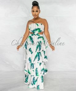 Chic Couture Online JUST IN Adrienne White Nude Stripes Leaf Print Cut-Out Ruffle Dress