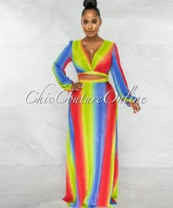 Chic Couture Online Jeneva Green Blue Red Print Top & Maxi Skirt Ribbed Set JUST IN