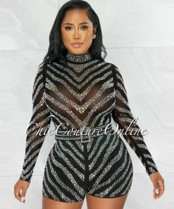 Chic Couture Online JUST IN Megha Black Iridescent Rhinestones Square Buckle Belt Romper