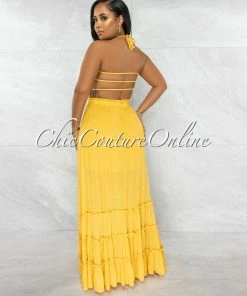 Vendor-unknown Neziah Mustard Smocked Top Strappy Back Maxi Dress JUST IN