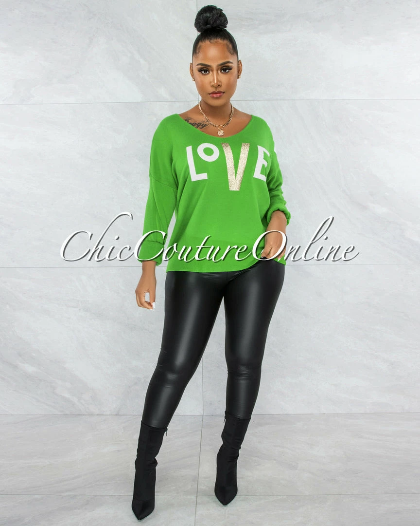 Vendor-unknown Lovely Green Gold White Graphic Knit Sweater JUST IN