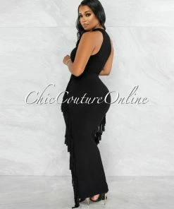 Vendor-unknown JUST IN Rommey Black Crop Top & Tassels Pencil Maxi Skirt Set