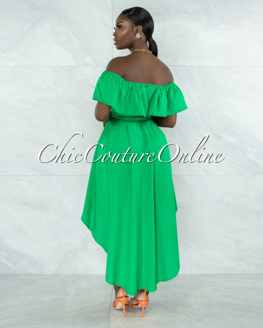 Vendor-unknown JUST IN Bodil Kelly Green Ruffle Neckline Belt Hi-Lo Dress