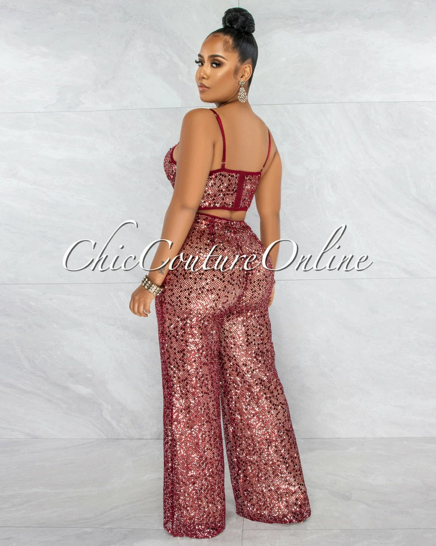 Vendor-unknown Tanith Burgundy Sequins Nude Illusion Fishnet Top & Set