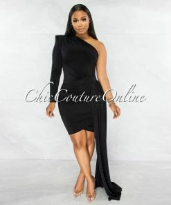 Vendor-unknown Cameo Black Single Sleeve Long Strap Accent Dress