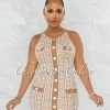 Vendor-unknown Torry Nude White Gold Buttons Fret Knit Mini Dress