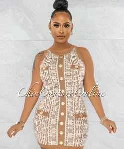 Vendor-unknown Torry Nude White Gold Buttons Fret Knit Mini Dress