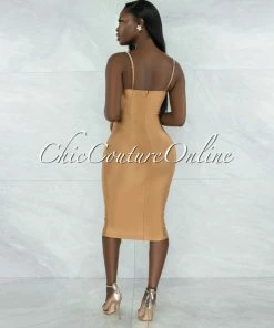 Vendor-unknown JUST IN LaRue Camel Rhinestones Bust Shimmer Midi Dress
