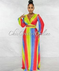 Chic Couture Online Jeneva Green Blue Red Print Top & Maxi Skirt Ribbed Set JUST IN