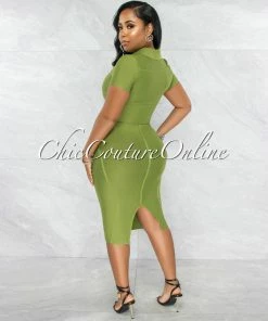 Vendor-unknown JUST IN Yaletha Olive Green Buttons Top & Midi Skirt Bandage Set