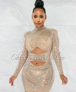 Vendor-unknown JUST IN Lavinia Nude Iridescent Rhinestone Cut Out Dress