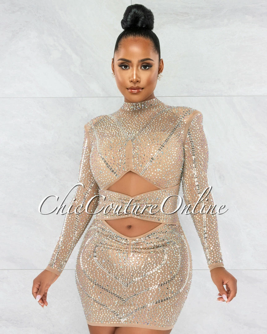 Vendor-unknown JUST IN Lavinia Nude Iridescent Rhinestone Cut Out Dress