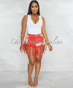 Vendor-unknown JUST IN Dolly Red Tie-Dye Distressed Fringe Denim Shorts