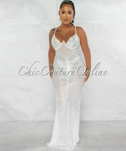 Chic Couture Online Narmada White Mesh Sheer Rhinestones Maxi Dress