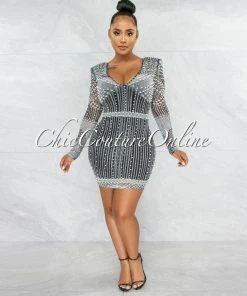 Vendor-unknown JUST IN Rodriga Black Pearl Rhinestones Sheer Mini Dress