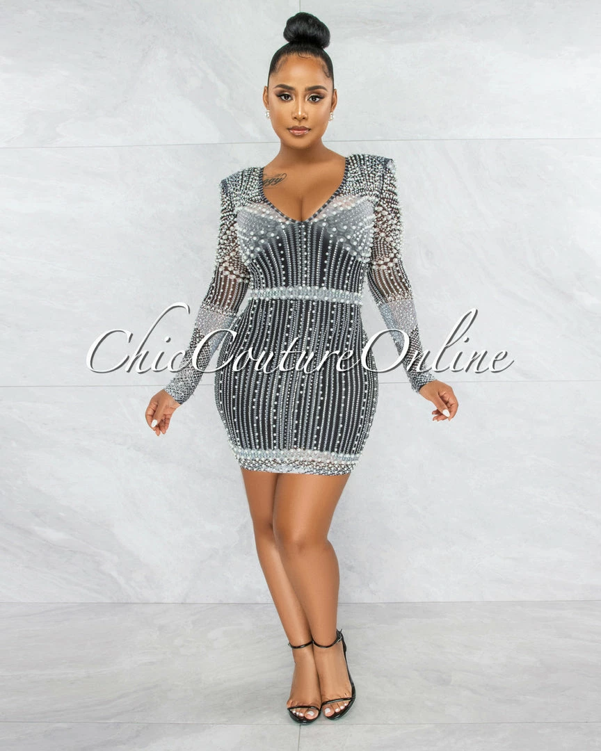 Vendor-unknown JUST IN Rodriga Black Pearl Rhinestones Sheer Mini Dress