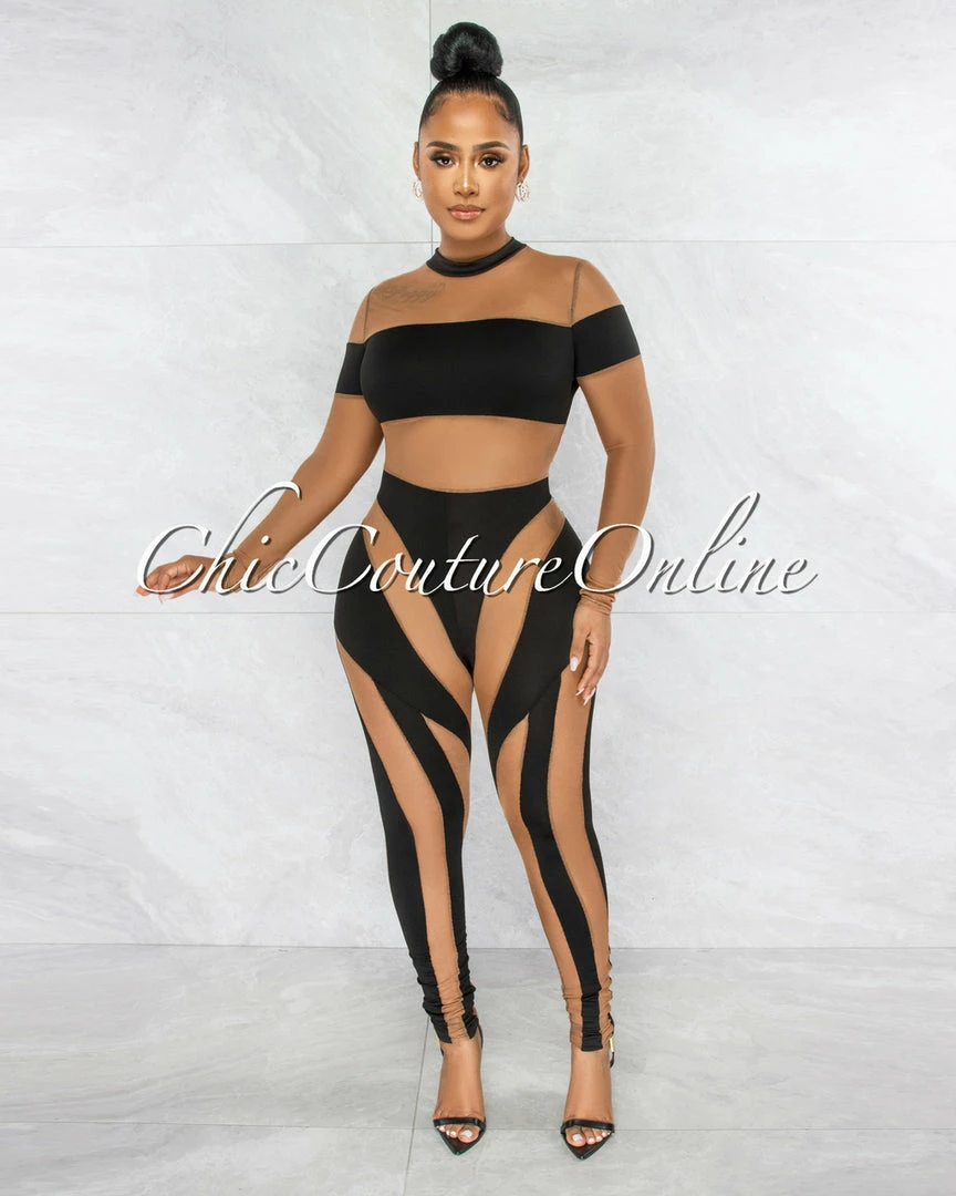 Vendor-unknown Donald Black Mocha Sheer Mesh Jumpsuit